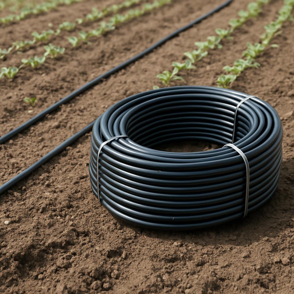 The image depicts a coil of black tubing, possibly resembling a water hose, situated on the ground in a field. The tubing ...